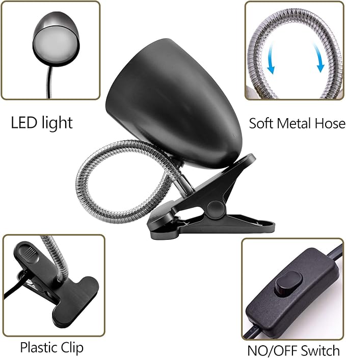 ENERGETIC SMARTER LIGHTING Clip on Light for Bed, Non-Dimmable Clip on Reading Light for Bed, 4000K Cool White, 3.5W 240 LM Desk lamp with clamp, Eye Protection, ETL Listed, Black