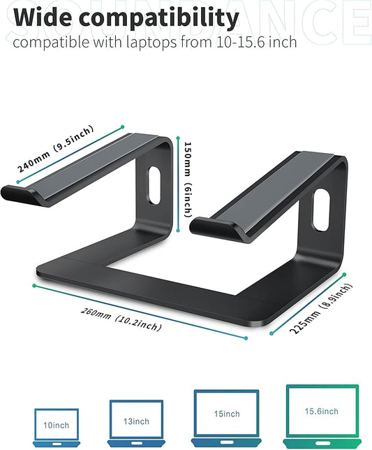 SOUNDANCE Laptop Stand, Aluminum Computer Riser, Ergonomic Laptops Elevator for Desk, Metal Holder Compatible with 10 to 15.6 Inches Notebook Computer, Black