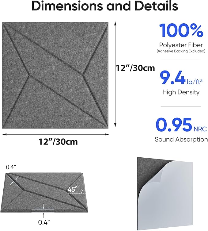 12 Pack 12" X 12" X 0.4" Acoustic Panels for Wall Sound Absorbing, P-Stripes Square Self-Adhesive Sound Panels, High Density Suitable for Multiple Scenarios(MoonLight Gray)