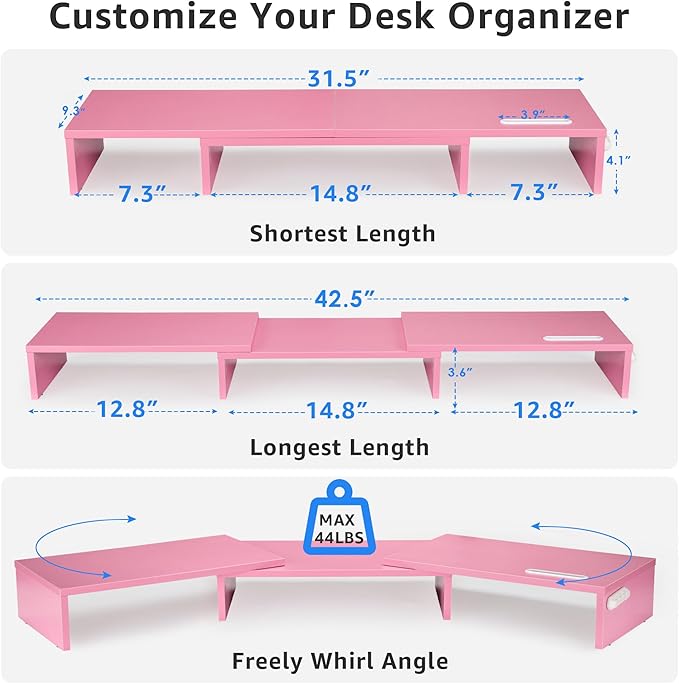 Dual Monitor Stand Riser for 2 Monitors, Monitor Stand for Desk, Adjustable Length & Swivel Angle Wooden Desktop Organizer Stand Riser with Smartphone Holder for PC Monitor Laptop, Pink