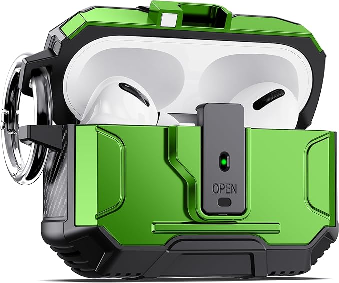 DASFOND Armor Earphone Cover Case for Airpods Pro 2, Military Grade Full Body Shockproof Protection Hard Case, Support Wireless Charging with Keychain, Magnetic Lid, Front LED Visible, Green