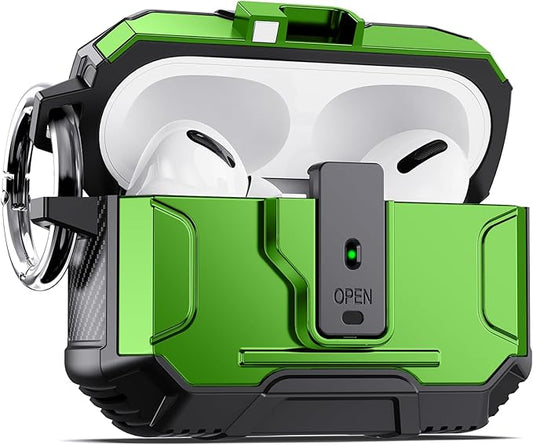 DASFOND Armor Earphone Cover Case for Airpods Pro 2, Military Grade Full Body Shockproof Protection Hard Case, Support Wireless Charging with Keychain, Magnetic Lid, Front LED Visible, Green