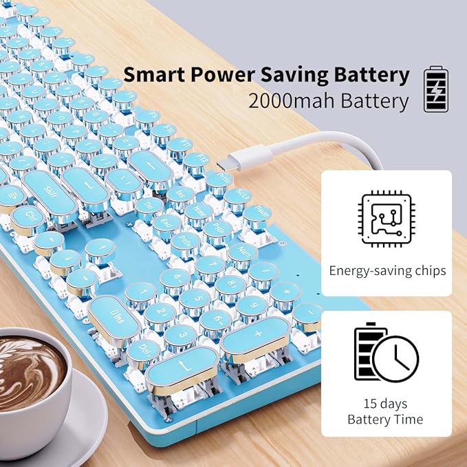 EWEADN TK950 Typewriter Keyboard Wireless Mechanical Keyboard, 104 Keys Aesthetic Typewriter Keyboards with White Backlit, Anti-Ghosting, Blue Switch Bluetooth/2.4GHz/Wired Keyboards-Blue