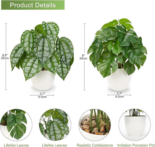 Fake Plants Small Artificial Plants Indoor Set of 2 Faux Plants with Pots Realistic Monstera Fake Potted Plants Artificial Decor for Home Bedroom Aesthetic Bathroom Shelf Living Room Office Table