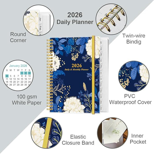 2026 Daily & Monthly Planner - One Page Per Day, Daily Planner 2026 from January 2026 to December 2026, Planner 2026 with 12 Monthly Tabs, 6.4" x 8.5", Blue Leaf