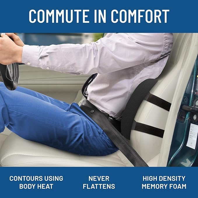 Everlasting Comfort Lumbar Support Cushion for Car Seat - Memory Foam Back Cover for Car - Lumbar Support Promotes Better Posture, Back Pain Relief - Ideal for Driving