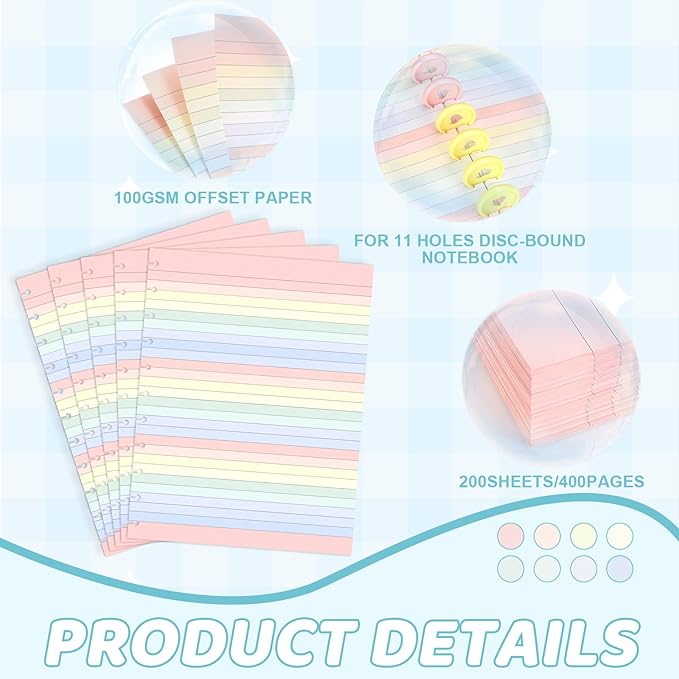 Letter Size Discbound Refill Paper 8.5'' X 11'' 200 Sheets 400 Pages Colored Discbound Planner Inserts 100GSM Lined Paper Refill Wide ruled for 11 Disc Notebooks Note-Taking