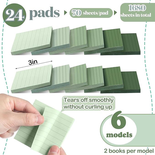 24 Pcs Sage Green Sticky Notes 1680 Sheets Sage Green Office Supplies 3 x 3 Inches Pastel Self Stick Note Pads for Teacher Women Gift Office School Bible Journaling Planner (Lined)