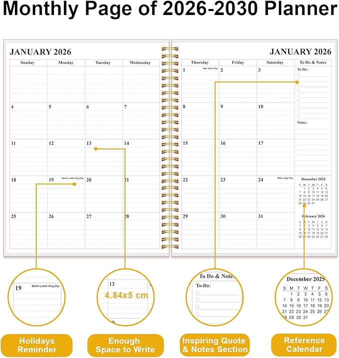 2025-2030 Monthly Planner - 64 Month PLanner Calendar from September 2025 to December 2030, Flexible Cover, Inner Pocket, 8.5" x 11", Perfect for Home | School | Office, White Gold Flower