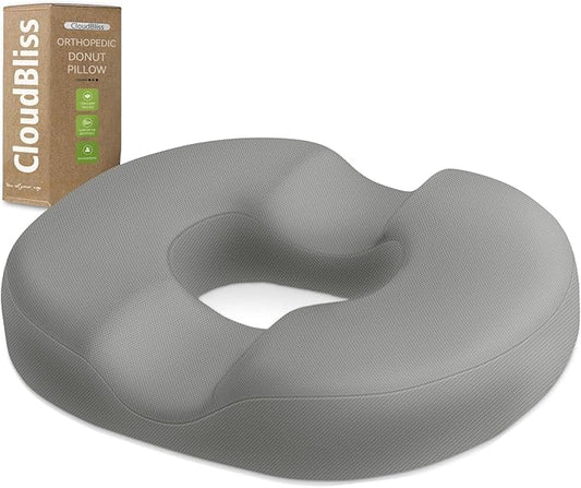 CloudBliss Donut Pillow Seat Cushion Chair Pad for Tailbone Pain Relief and Hemorrhoids, Memory Foam Seat Chair Cushion for Men and Women for Home & Office, (Light Grey-2XL)