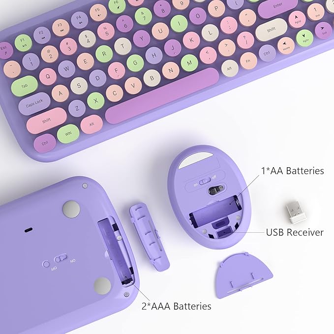 MOFII Wireless Keyboard and Mouse, Typewriter Full Size Keyboard with Number Pad and 2 in 1 USB Connected Mouse for Mac, Windows 7/8/10, Laptop, Desktop, PC, Computer (Purple Colorful)