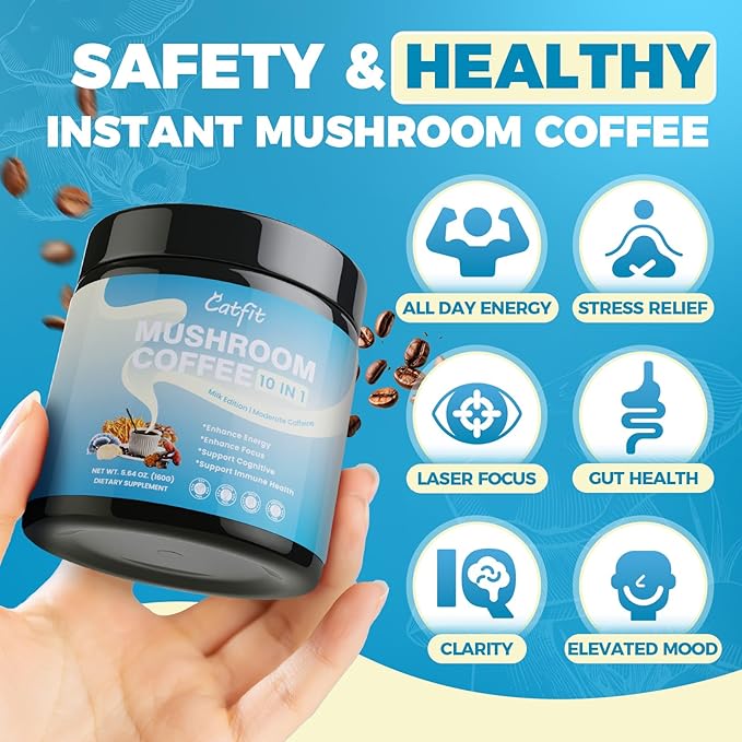 Mushroom Coffee,10 Adaptogenic Mushrooms And Milk Powder MCT Oil, Hydrolyzed Collagen, Instant Coffee with Lion's Mane, Chaga, Cordyceps, L-Theanine for Energy, Focus, Digestion and Immunity, 160G