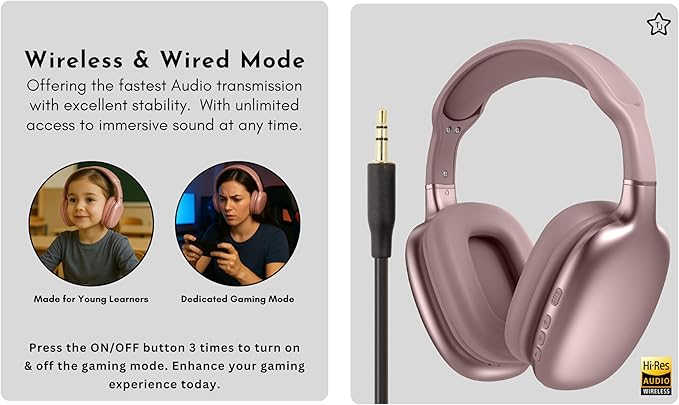 TJ Active Noise Cancelling Bluetooth Over Ear Headphones | Supersoft Leather Wireless Headset Wired Built-in MIC 24H Playtime High Res Audio Travel/Work/School/Students/Running/Gym (Pink)