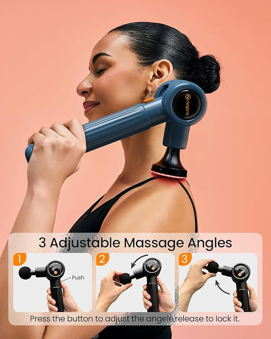 Massage Gun with Heat,Massage Gun Deep Tissue with Extension Handle & 3 Adjustable Angles,Handheld Percussion Back Massager for Muscle/Neck/Body Pain Relief with Portable Case,Blue