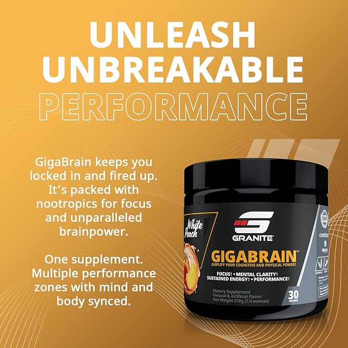 Granite Nutrition GigaBrain Nootropic Energy Powder – Cereboost, Alpha-GPC & ElevATP – Cognitive Focus Supplement for Sustained Energy & Performance – White Peach, 30 Servings