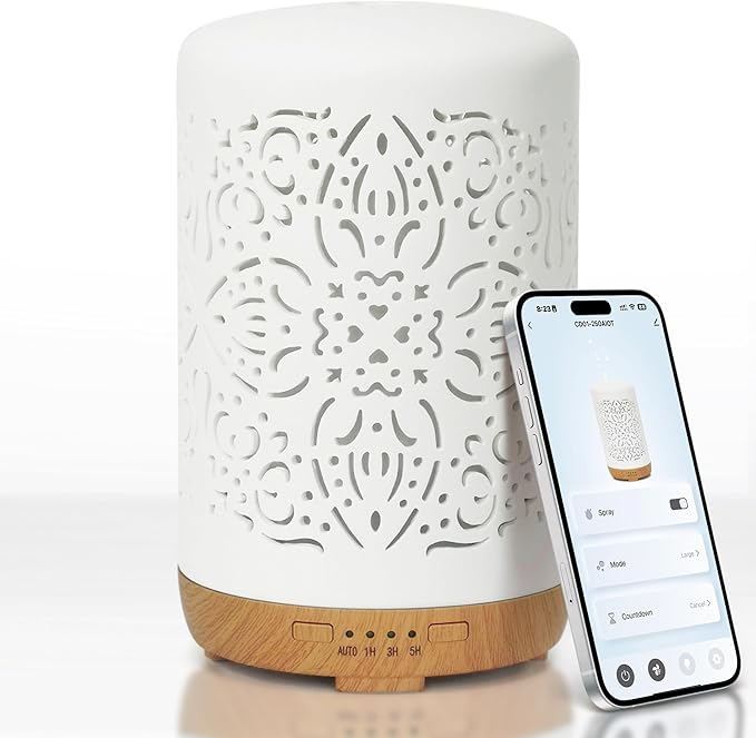 Earnest Living Smart WiFi Essential Oil Diffuser White Ceramic Diffuser 250 ml with Alexa Google Home App Phone Control LED and Auto Off Office Humidifier Aromatherapy Diffusers for Essential Oils