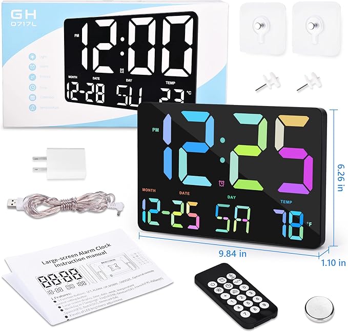 Amgico Digital Alarm Clock with Snooze, Temperature, Auto Dimming, 11.5" Large Display Calendar, Desk/Wall Clock for Bedroom, Living Room, Office, Home, Classroom, Kids, Elderly - Rainbow