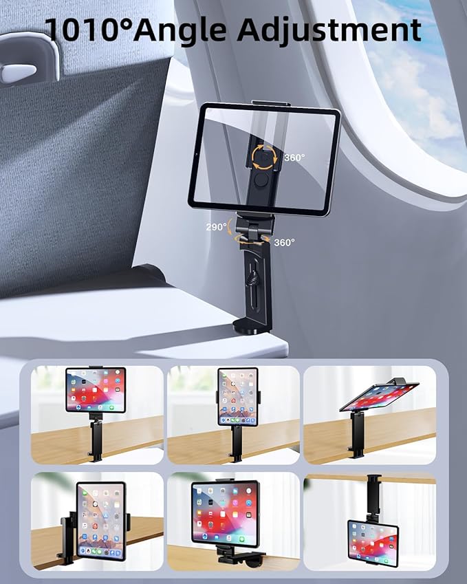 Airplane Essential Tablet Holder for Travel, Universal Handfree Tablet Mount with 360 Degree Rotation, Travel Must Haves Tablet Stand for Plane Tray Table, Home, Kitchen, Office, Outdoor