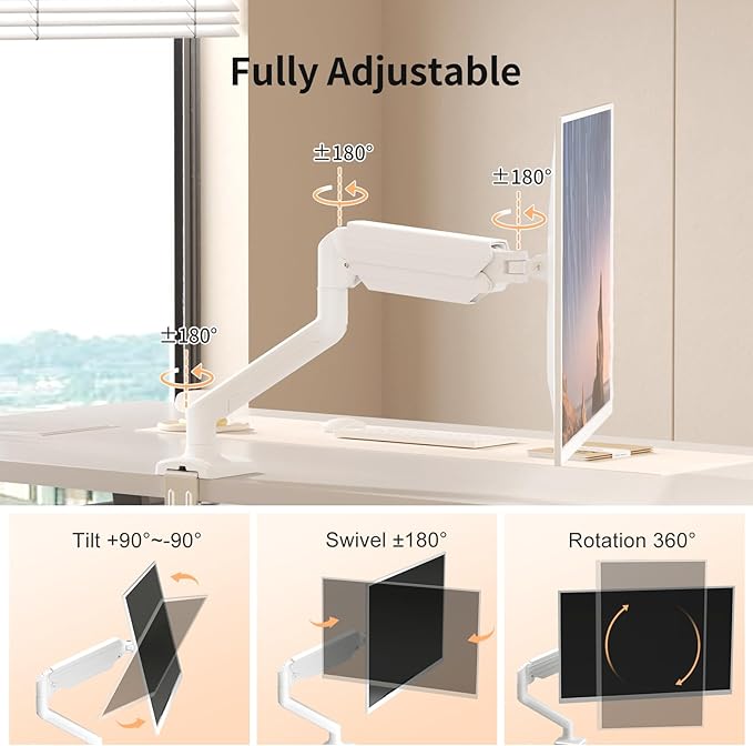 suptek Single Monitor Mount for 13-32 inch, Adjustable Gas Spring Monitor Arm Desk Mount Stand, 4.4-19.8lbs Screen, with VESA Mount 75x75/100x100mm,White(MD01AW)