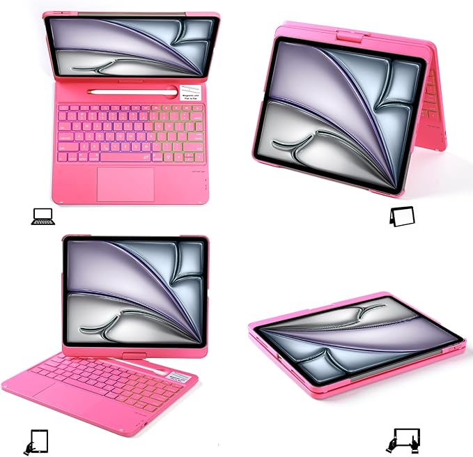 Keyboard Case for iPad Air 13 inch M3 2025&M2 2024, 360 Rotatable Wireless Folio 180 Swivel Stand Hard Cover Auto Sleep/Wake up Pink