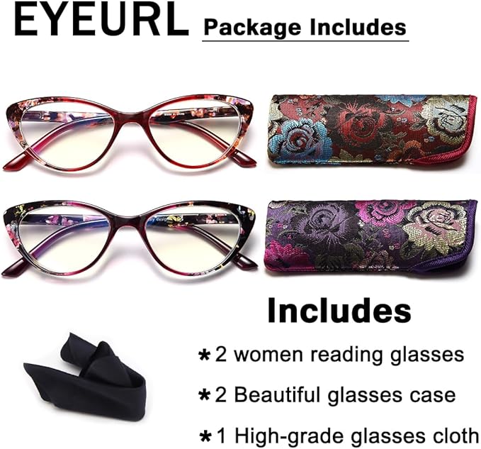 EYEURL Cat Eye Reading Glasses for Womens 2 Pairs Blue Light Blocking Readers +2.0 Computer Prescription Eyewear with Spring Hinge Choose Your Strength