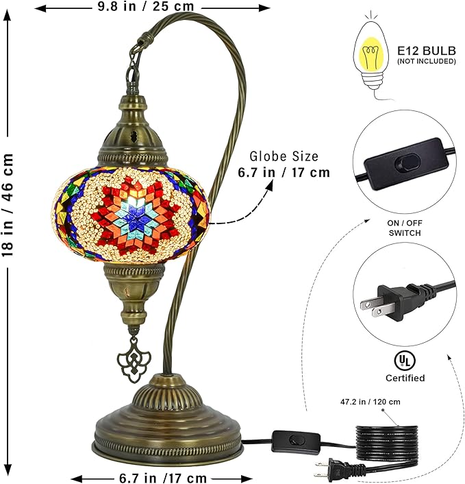 mozaist Turkish Moroccan Gooseneck Table Lamp, Mosaic Stained Glass Bedside Decor, Multicolor Swan Neck Rustic Handmade Home Decorative Light with E12 Socket & US Plug (Mix Star)
