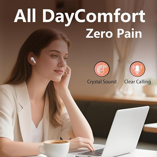 True Wireless Earbuds Bluetooth 5.3 Mic Noise Cancelling IPX7 Waterproof Hi-Fi Stereo Sound Long Battery Auto Pairing (Off-White)