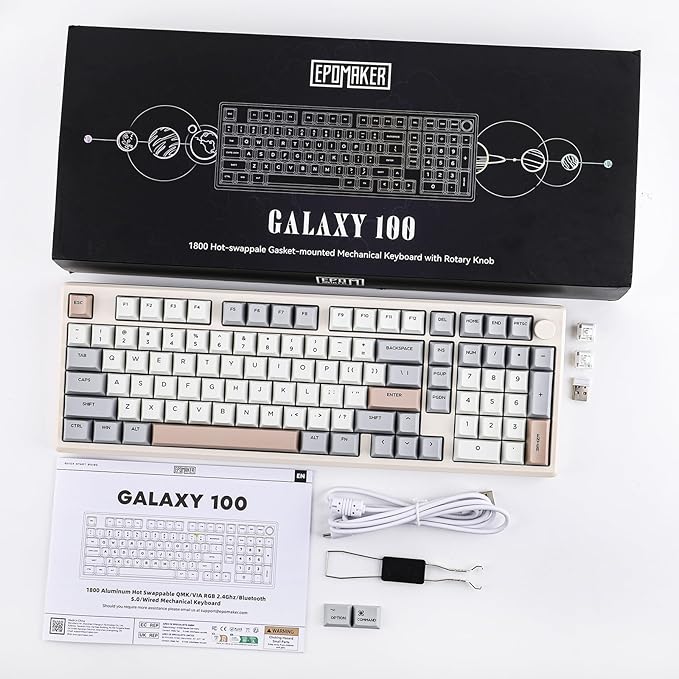 EPOMAKER Galaxy100 QMK/VIA Wireless Gaming Keyboard, Aluminum Shell, Bluetooth/2.4Ghz/USB-C, Pre-Lubed Hot-Swappable Linear Switches, NKRO, RGB Backlit (Creamy White, Wisteria Linear Switch)
