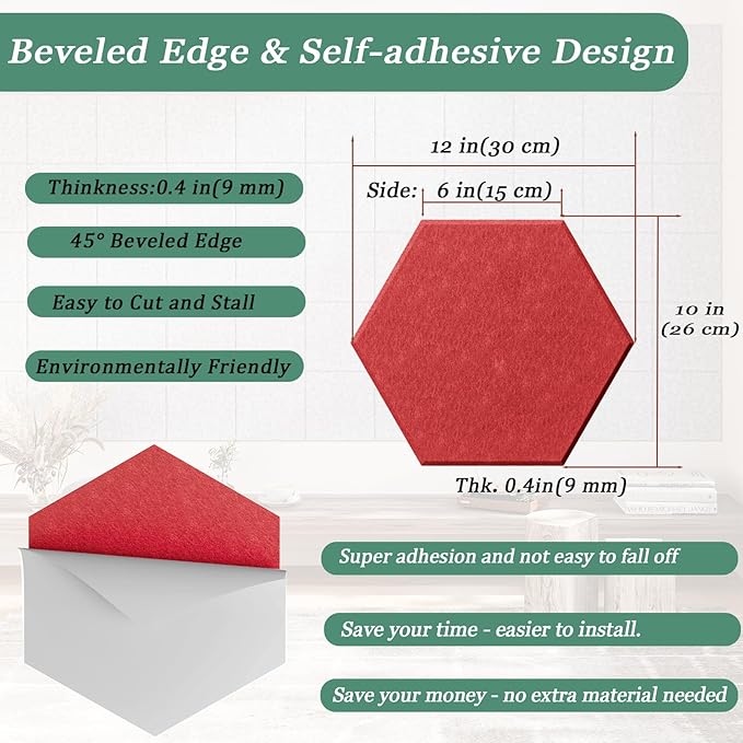 Hexagonal Acoustic Panels-18 Pack High-Density Sound Absorbing Panels 12"X10"X0.4" for Enhanced Noise Reduction, DIY Design, Idea for Studios, Offices, and Home Theaters(Cherry Red)