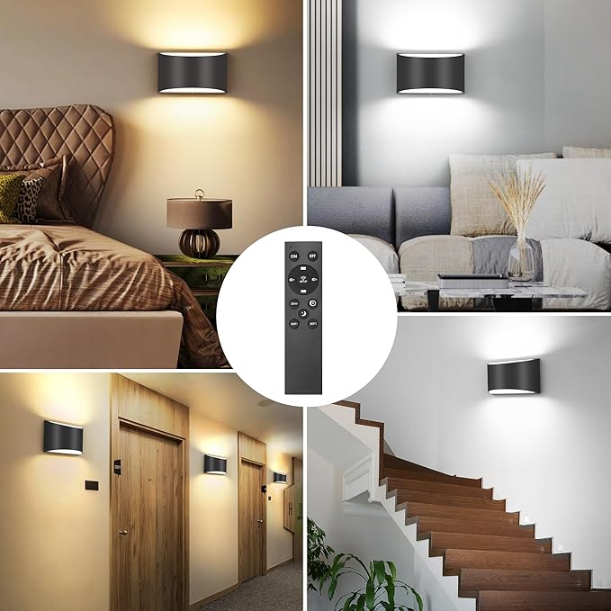 TRLIFE Modern LED Wall Sconces, Remote Control Dimmable and Adjustable Color Temperature 3000K~6000K Aluminum 12W Hardwired 120V AC Dimmable Wall Mounted Light for Bedroom Living Room(Black, 2 Pack)