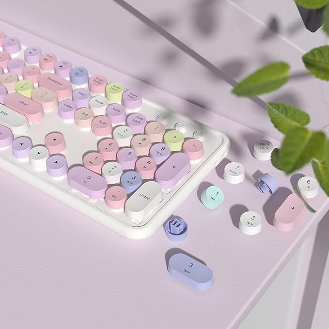Colorful Wireless Keyboard and Mouse Combo, COVEVA 2.4GHz Wireless Retro Cute Round Keycaps Keyboard, 104 Keys Full-Sized Keyboard Mouse Set with Switch Button for PC Laptop Desktop (White Colorful)