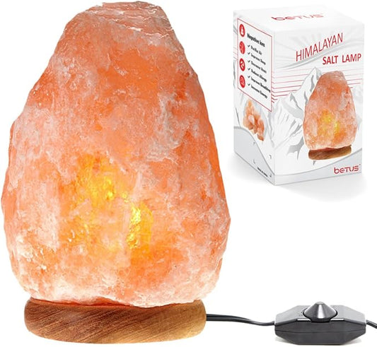 Betus [Natural Crystal Himalaya Salt Lamp Hand Carved on Wood Base with Dimmable Cord and Light Bulb - 6 to 7 Inches Height, 3 to 5 Pounds
