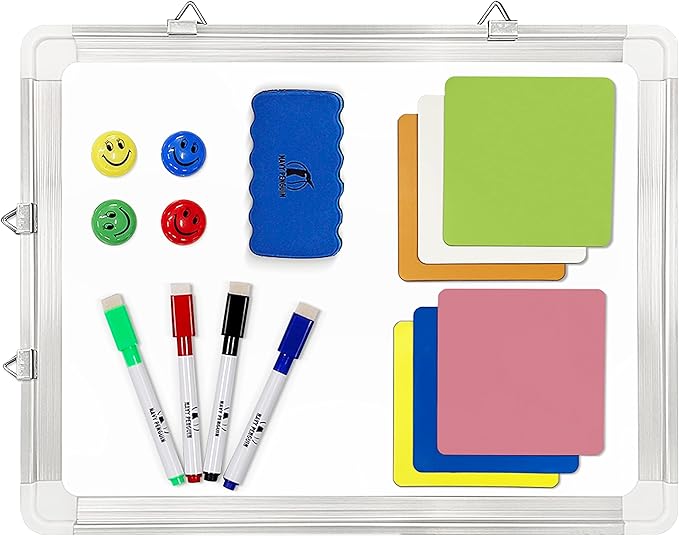 Whiteboard Set - White Board 15 x 12 in with 1 Dry Erase Eraser, 4 Dry Wipe Markers, 4 Magnets and 6 Magnetic Labels - Small Wall Hanging Reminder Magnetic Board for Home, Office, Cubicle and Desk