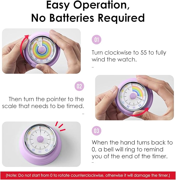 Visual Timer for Kids Rainbow Kitchen Timer with Magnetic Base Mechanical Timer 60-Minute Countdown Timer Ringer Alert Time Management Tool for Children and Adults Study Work Cooking, Purple