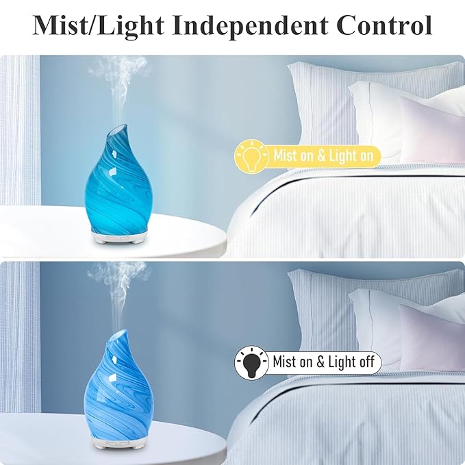 Essential Oil Diffuser Aromatherapy Diffuser- 120ml Art Glass Ultrasonic Cool Mist Scent Aroma Oil Diffuser with Auto Shut-Off Protection & 7 Colors Night Light for Home Office Decor&Gift (Blue)