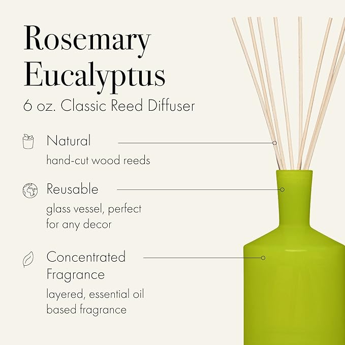 LAFCO New York Classic Reed Diffuser, Rosemary Eucalyptus - 6 oz - Up to 3 Months Fragrance Life - Reusable Glass Vessel - Natural Wood Reeds - Made in The USA