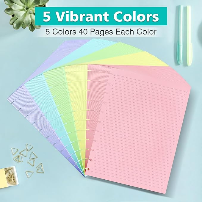 Letter Size 11 Discs 120gsm Discbound Refill Paper, Discbound 5 Colorful Line Papers, Disc Paper Refill, Loose-Leaf Papers, Disc Planner Inserts, 200 Sheets/400 Pages