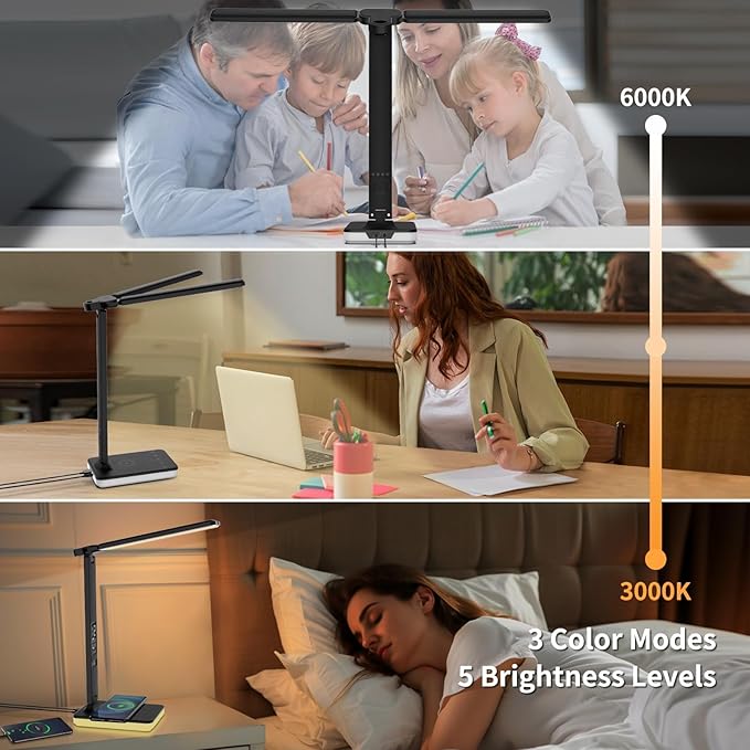 LED Desk Lamp with Wireless Charger, USB Charging Port, Dual Swing Arm Desk Light with 5 Brightness, 3 Colors, Table Lamp with Clock, Alarm, Date, Temperature, Desk Lamp for Home Office Study (Black)