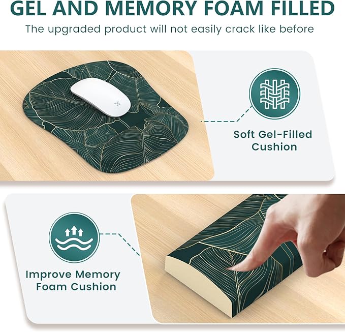 HAOCOO Ergonomic Mouse Pad with Wrist Rest, Wrist Rest for Computer Keyboard, Non-Slip Base Mouse and Keyboard pad for Office, Easy Typing & Pain Relief,Green Leaves