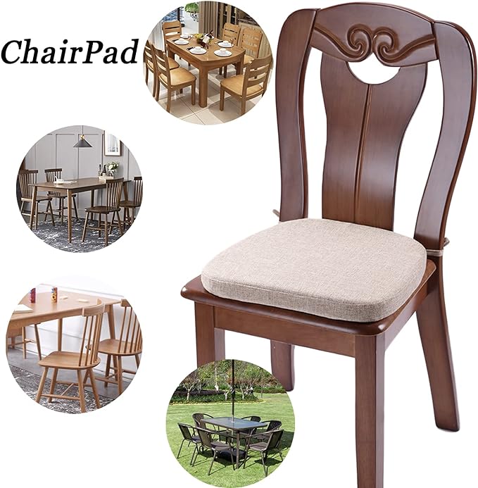 Chair Cushion with Ties for Dining Chairs - Memory Foam Non Slip Kitchen Chair Pad and Dining Seat Cushion with Machine Washable Cover [16.5 x 16.2 Inches] - Dark Beige
