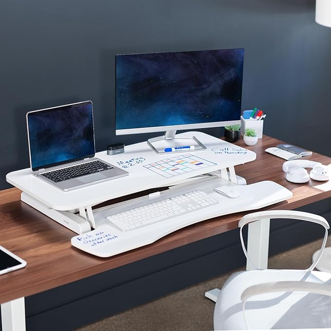 VIVO 36 inch Desk Converter, K Series, Height Adjustable Sit to Stand Riser, Dual Monitor and Laptop Workstation with Wide Keyboard Tray, White Dry Erase, DESK-V036KWE