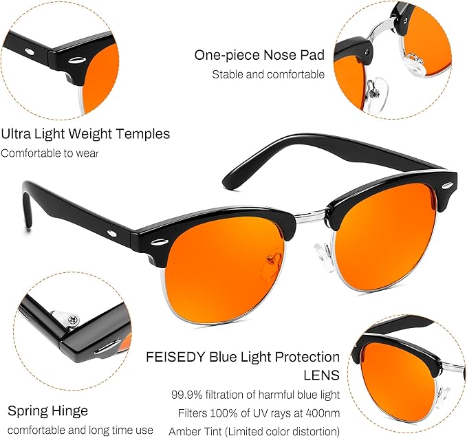 FEISEDY Orange Blue Light Blocking Glasses for Woman Men Amber Lenses Computer Gaming Glasses for Better Sleep