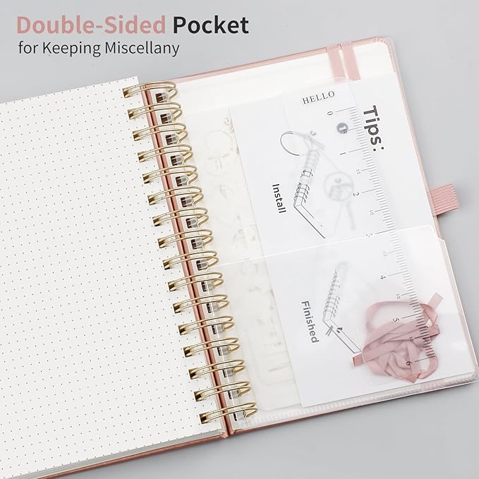 EMSHOI Bullet Dotted Journal Spiral Notebook - 300 Pages, A5 Hardcover Leather, 100 GSM Thick Dot Grid Notebook for Women Men Work Writing, Bullet Journaling, Drawing, 5.7" x 8.22", Rose Gold