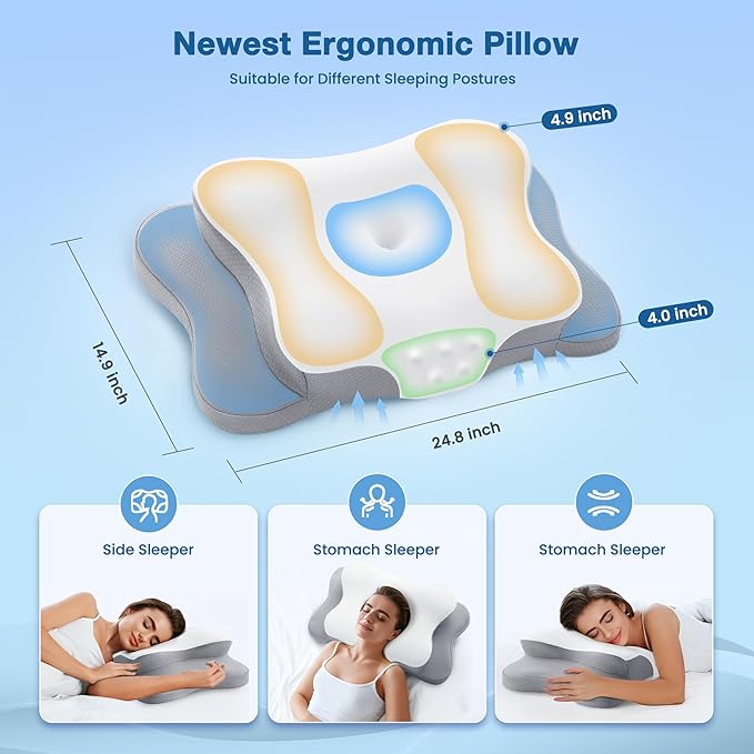 Memory Foam Neck Pillow, Effective Pain Relief Cervical Neck and Shoulder Pillows for Sleeping, Odorless Ergonomic Contour Bed Pillow for Side Sleep Stomach and Back Sleeper (White)