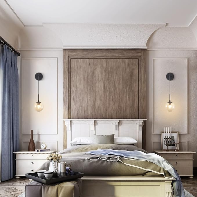 BOKT Matte Black Amber Glass Round Wall Sconce Light Mid Century Modern Globe Bathroom Wall Sconce Lamp Farmhouse Industrial Adjustable Bar Wall Light Fixture (Black+Amber)