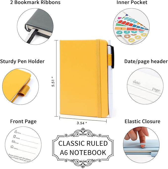 feela Pocket Notebook Journals, Mini Cute Small Hardcover College Ruled Notepad Office School Supplies, with 3 Black Pens, 3.5”x 5.5”, 3 Pack, A6, Solid Colors, Gray, Yellow, Light Blue