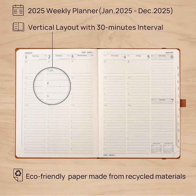 POPRUN 2025 Planner - 2025 Recycled Weekly Planner[6.5''x 8.5''- Italian Regenrated Leather Hard Cover] with Hourly Schedule & Vertical Weekly Layout, Monthly Tabs, Inner Pocket - Desert Brown