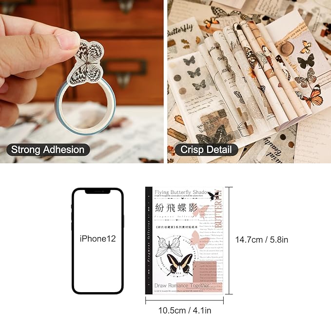 Dizdkizd Washi Stickers for Journaling, Vintage Ephemera Book for Scrapbooking with 180pcs Butterfly Stickers and 20 Sheets Adhesive Scrapbook Papers, Junk Journal Supplies