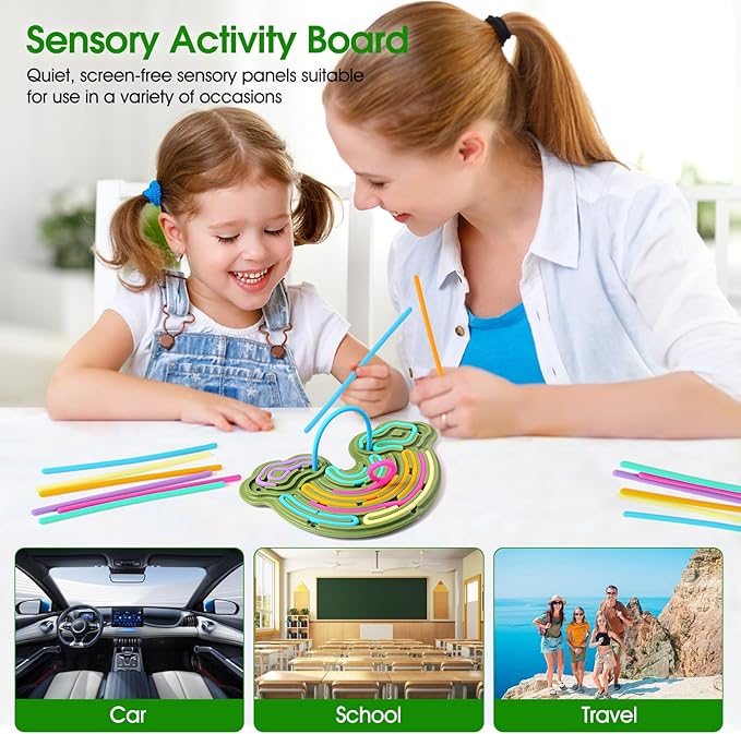 Sensory Activity Board Silicone Fidget Toy, Double-Sided Rainbow Sensory Toys for Autism, Stress, Anxiety, ADHD, Kids 3+& Adults, Includes Travel Bag & 12 Strings, Green