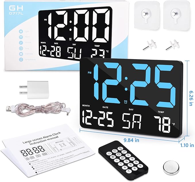 Amgico Digital Alarm Clock with Snooze, Temperature, Auto Dimming, 11.5" Large Display Calendar, Desk/Wall Clock for Bedroom, Living Room, Office, Home, Classroom, Kids, Elderly - Blue